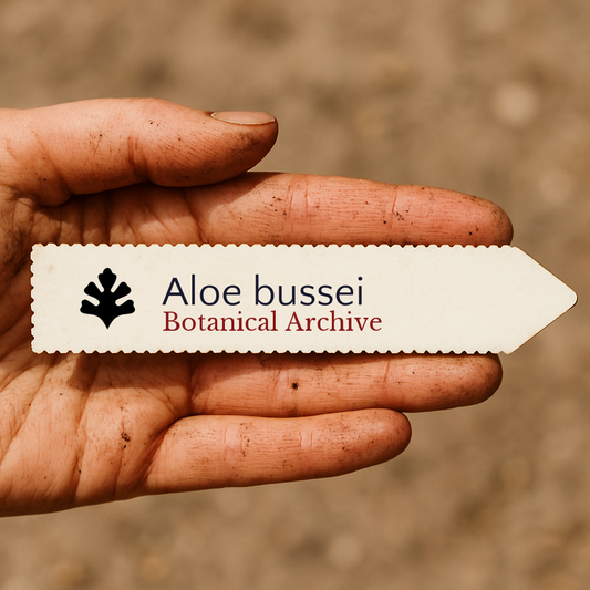 Etichetta con pianta stampata per Aloe bussei tenuta in una mano sporca con forma a freccia