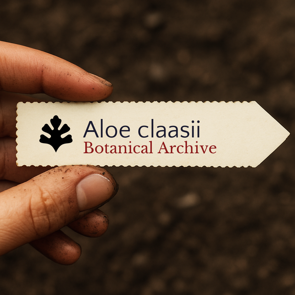 Etichetta per pianta stampata per Aloe claasii tenuta in mano con sfondo di terra