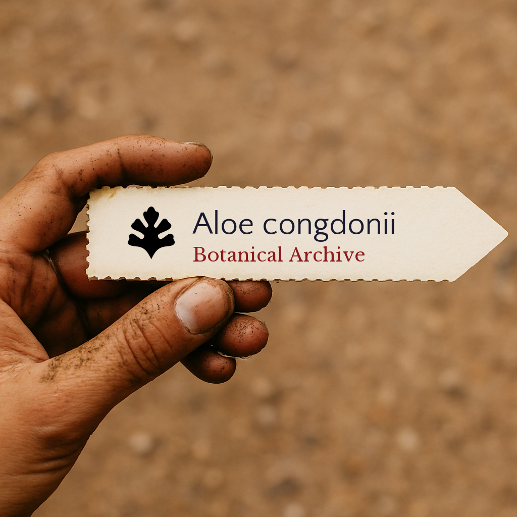 Printed plant label for Aloe congdonii held by a dirt-covered hand against soil background