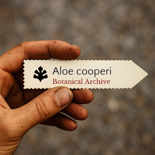 Etichetta per pianta stampata per Aloe cooperi tenuta da mano sporca su sfondo sfocato