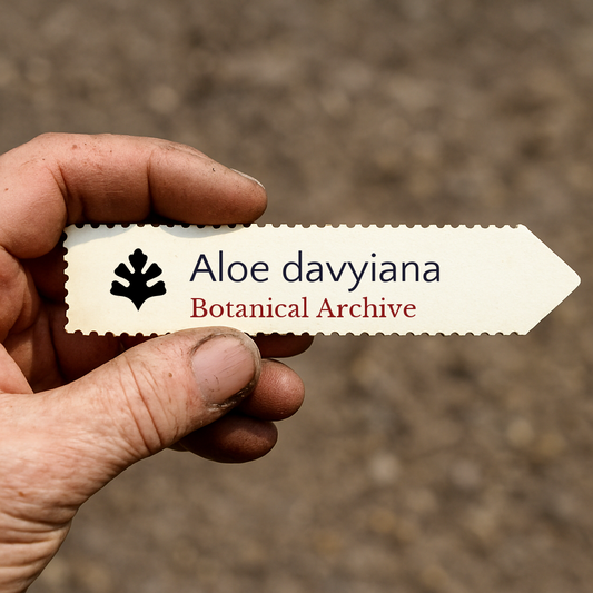 Etichetta per pianta stampata per Aloe davyiana tenuta in mano con sfondo di terreno sfocato