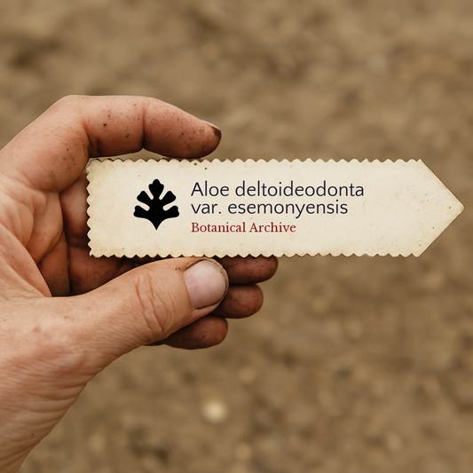 Etichetta stampata per pianta di Aloe deltoideodonta var. esemonyensis tenuta in mano con sfondo di terreno