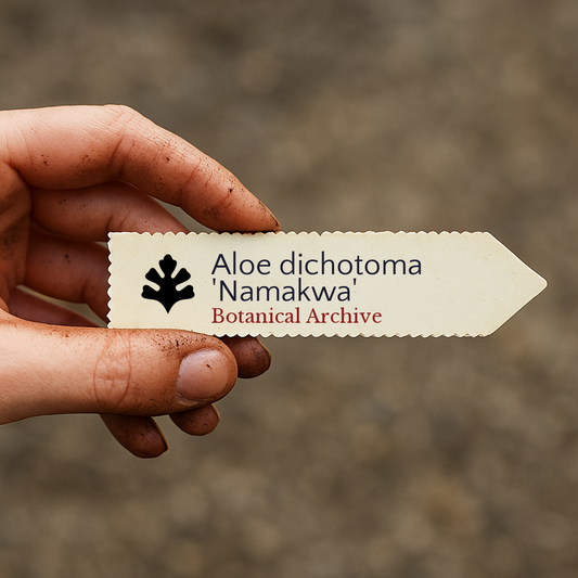 Bedrukte plantenlabel voor Aloe dichotoma 'Namakwa' vastgehouden in de hand met een achtergrond van aarde