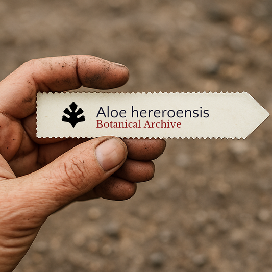بطاقة نبات مطبوعة لألو هيروينسيس مع شعار Botanical Archive باليد