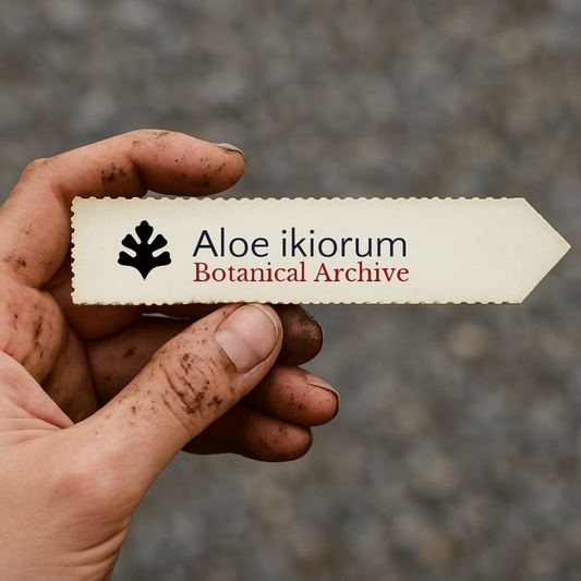 بطاقة نبات مطبوعة لألو إيكّيوروم من Botanical Archive تمسكها يد متسخة