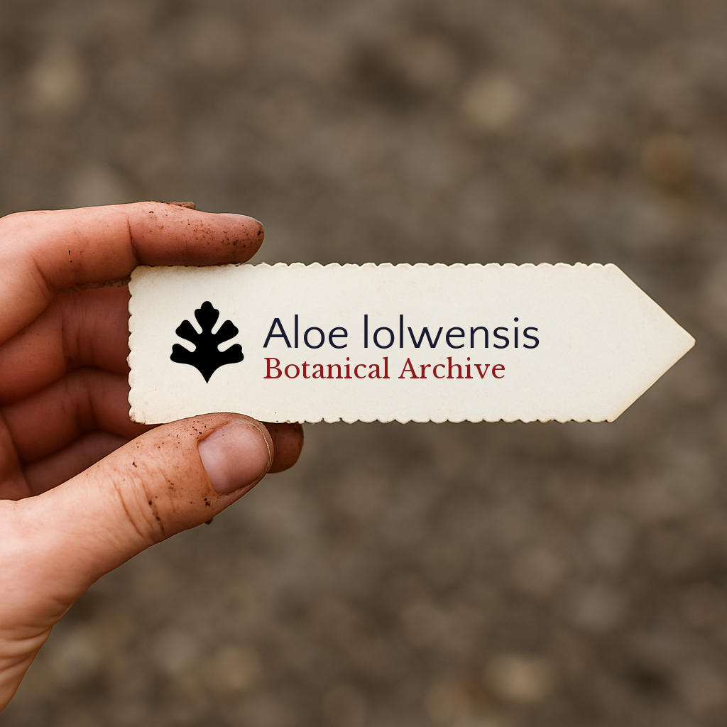 Étiquette de plante imprimée pour Aloe lolwensis tenue à la main avec un fond de terre