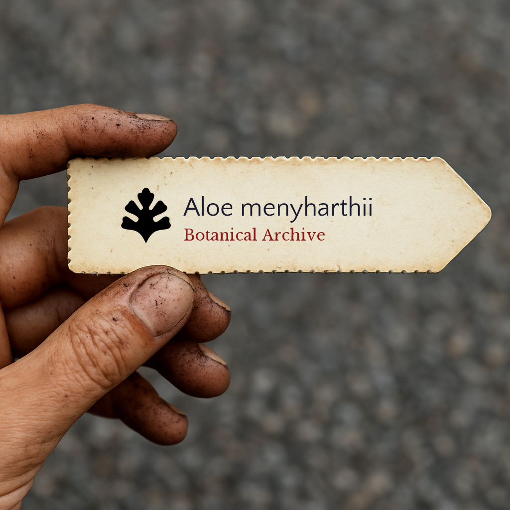 Printed plant label for Aloe menyharthii held by hand with dirt on fingers
