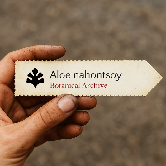 Etichetta per pianta stampata di Aloe nahontsoy tenuta in mano con dita macchiate di terra