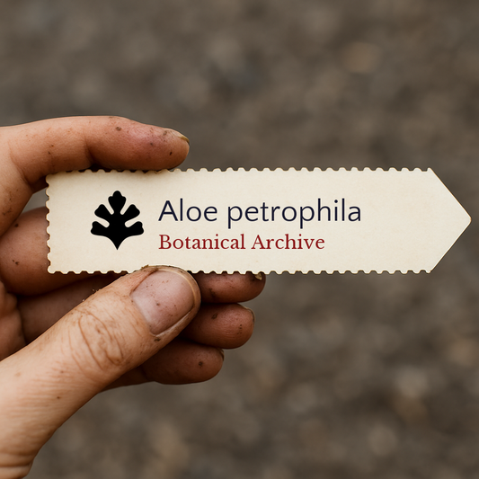 Etichetta stampata per pianta di Aloe petrophila tenuta da mano sporca contro sfondo di terra