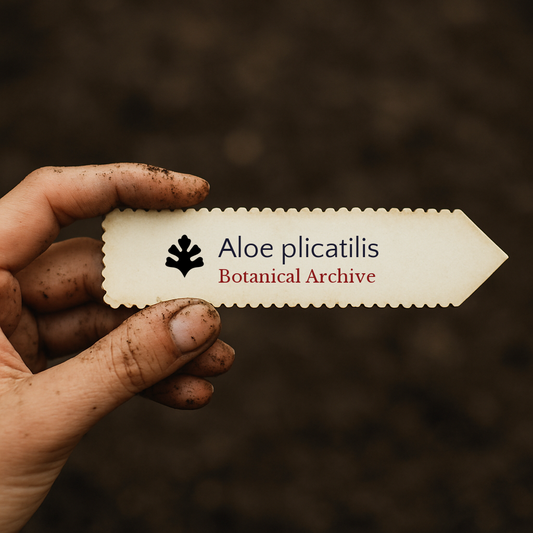 Etichetta stampata per pianta di Aloe plicatilis con logo Botanical Archive tenuta da mano sporca