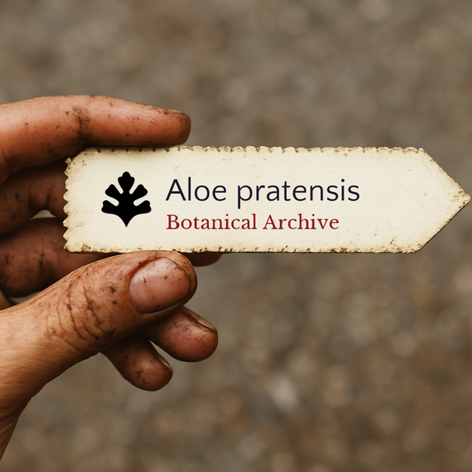 Etichetta stampata per pianta di Aloe pratensis Botanical Archive tenuta da mano sporca