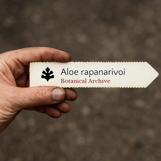 Etichetta stampata per pianta di Aloe rapanarivoi tenuta in mano con terra sulle dita