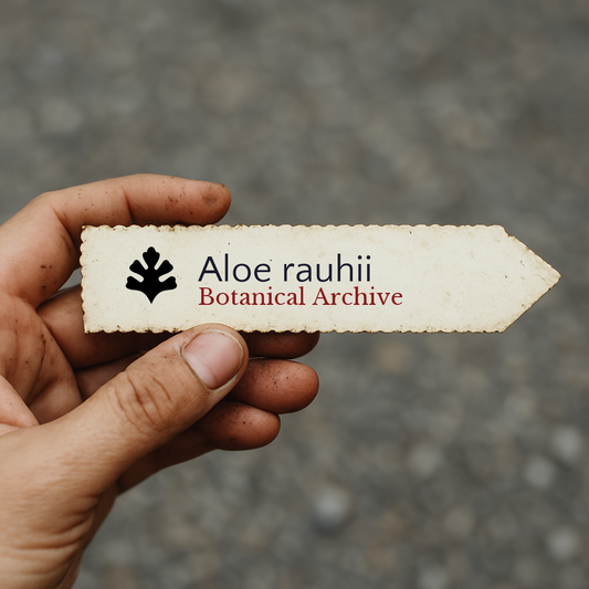 Etichetta per pianta stampata per Aloe rauhii tenuta a mano con sfondo di terra