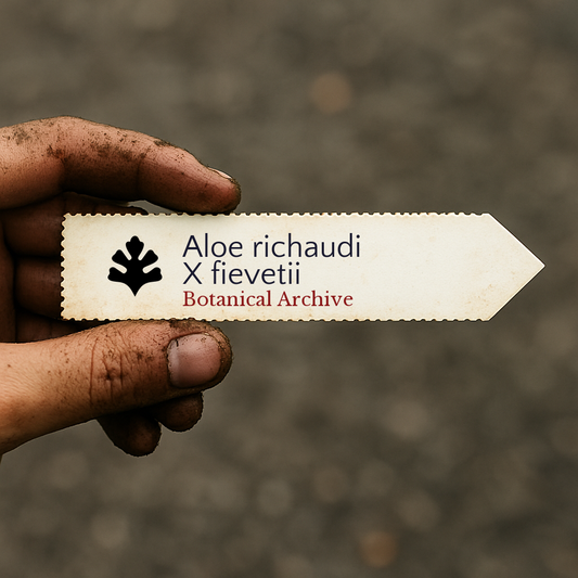 Etichetta stampata della pianta per Aloe richaudi X fievetii tenuta da mano sporca all'aperto
