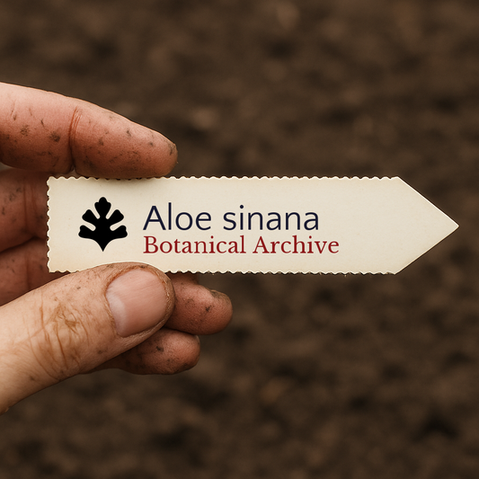 Etichetta pianta stampata per Aloe sinana tenuta da mano sporca su sfondo di terreno