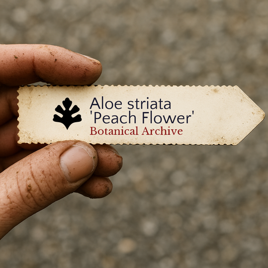Vintage-Pflanzenschild für Aloe striata 'Peach Flower', gehalten von schmutziger Hand im Freien