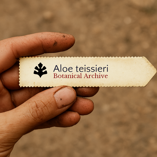 Bedrucktes Pflanzenetikett für Aloe teissieri, gehalten von einer schmutzigen Hand vor einem Erdhintergrund