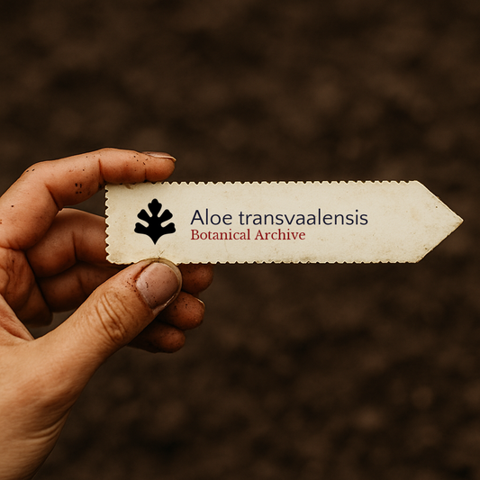 Bedrucktes Pflanzenetikett für Aloe transvaalensis, in der Hand gehalten vor einem Bodenhintergrund