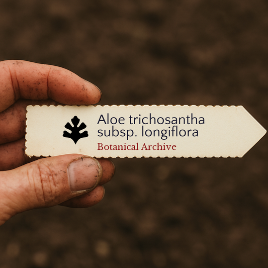 Bedrucktes Pflanzenetikett für Aloe trichosantha subsp. longiflora, in der Hand gehalten vor Boden-Hintergrund