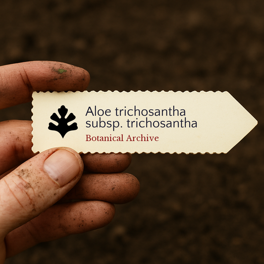 Bedrucktes Pflanzenetikett für Aloe trichosantha subsp. trichosantha, gehalten von einer schmutzigen Hand vor einem Bodenhintergrund