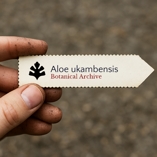 Bedrucktes Pflanzenetikett für Aloe ukambensis, gehalten von einer schmutzigen Hand im Freien