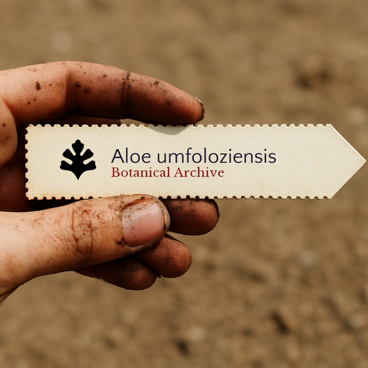 Bedrucktes Pflanzenetikett für Aloe umfoloziensis, gehalten von schmutziger Hand im Freien