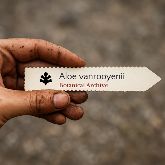 Bedrucktes Pflanzenetikett für Aloe vanrooyenii, gehalten von schmutziger Hand im Freien