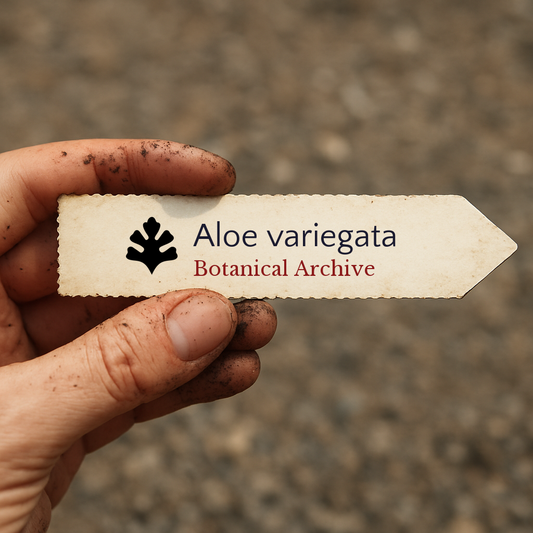 Bedrucktes Pflanzenetikett für Aloe variegata, gehalten von einer schmutzigen Hand vor unscharfem Hintergrund