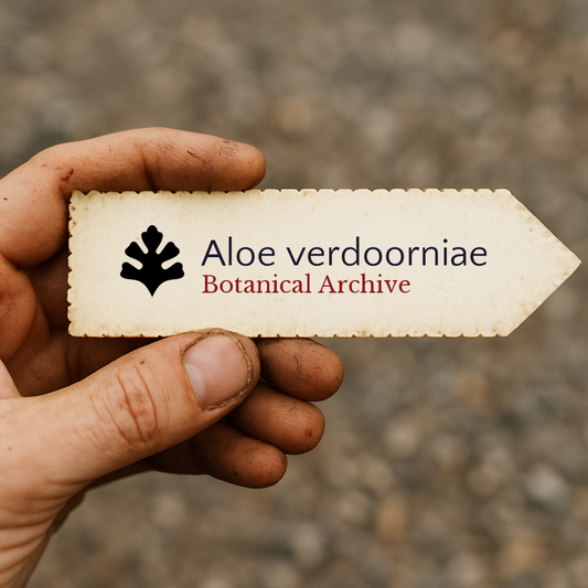 Gedrucktes Botanical Archive Etikett für Aloe verdoorniae, von Hand gehalten vor schmutzigem Hintergrund