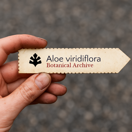 Bedrucktes Pflanzenetikett für Aloe viridiflora mit Botanical Archive-Logo, das von Hand gehalten wird