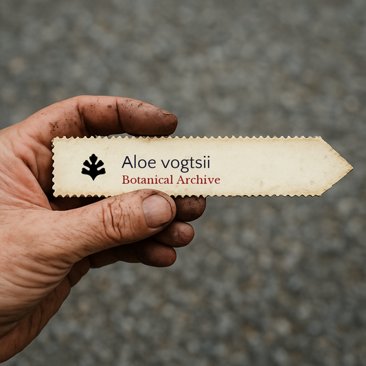 Gedrucktes Pflanzenetikett für Aloe vogtsii mit Botanical Archive Logo, gehalten von schmutziger Hand