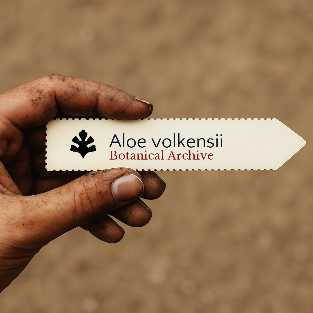 Printed plant label for Aloe volkensii held by dirty hand against blurred background