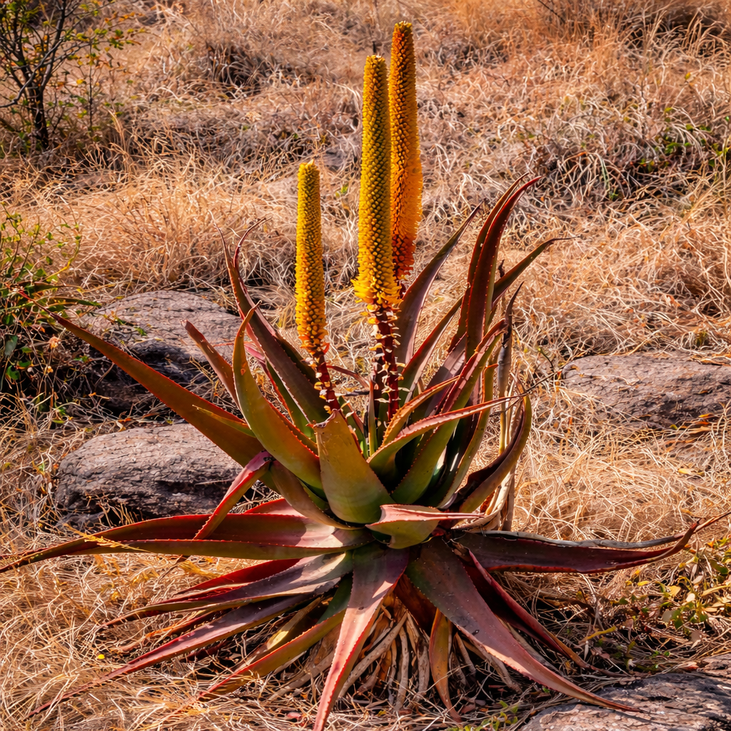 Aloe spicata succulent with long spiky leaves and tall yellow flower spikes in dry habitat