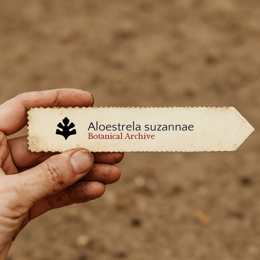 Printed plant label for Aloestrela suzannae held by hand with soil background