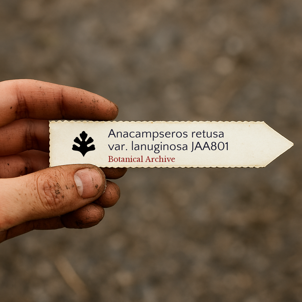 Printed plant label for Anacampseros retusa var. lanuginosa held by dirty hand outdoors