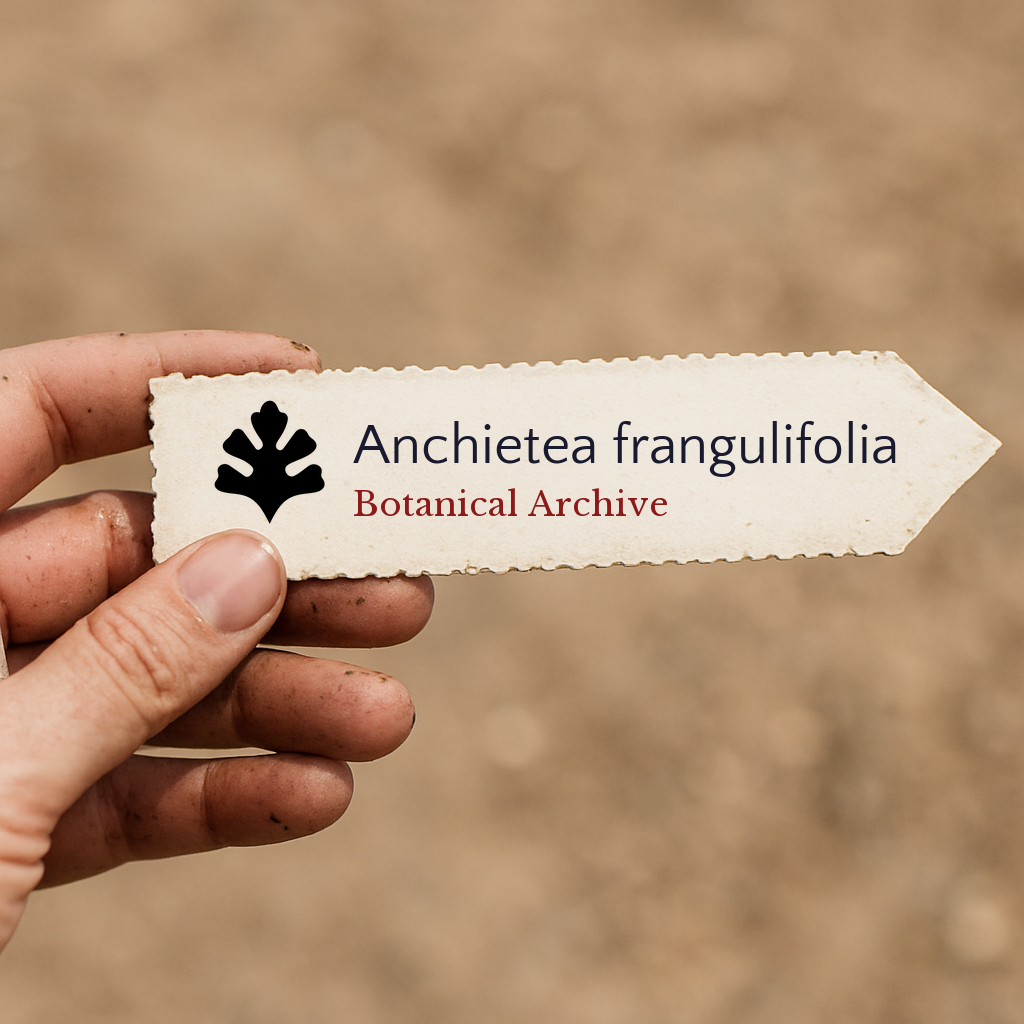 Etichetta stampata per pianta di Anchietea frangulifolia con logo Botanical Archive tenuta a mano