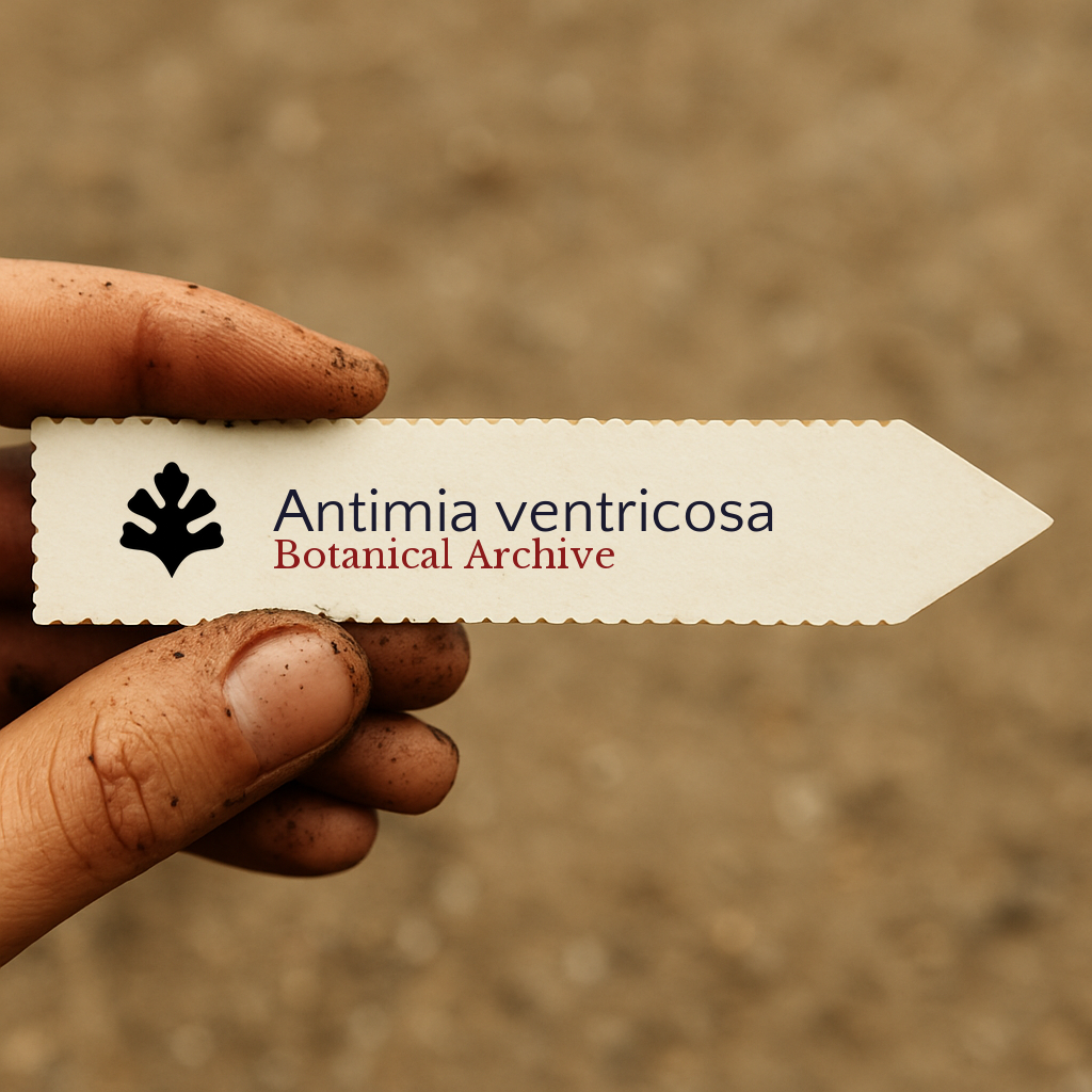 Etiqueta impresa de planta para Antimia ventricosa sostenida por una mano cubierta de tierra al aire libre