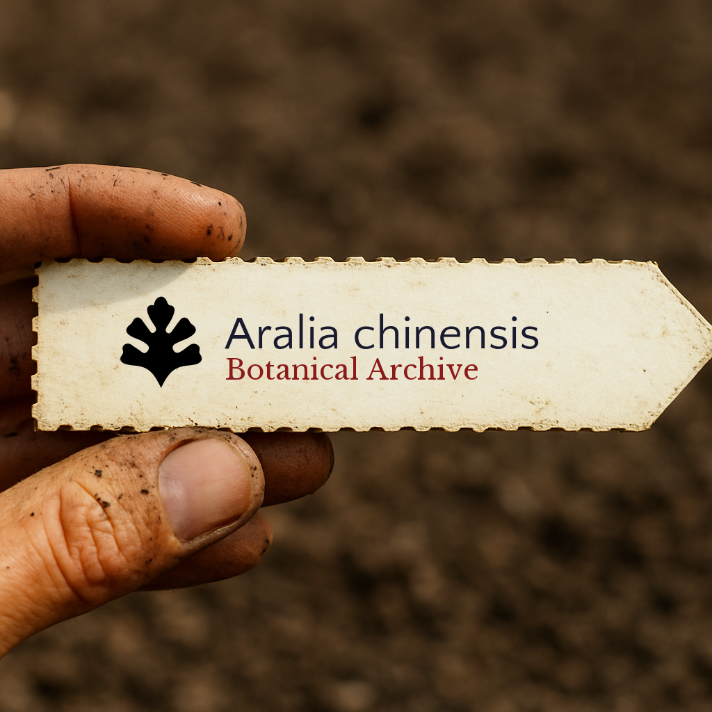 Étiquette végétale imprimée pour Aralia chinensis tenue à la main avec un fond de terre