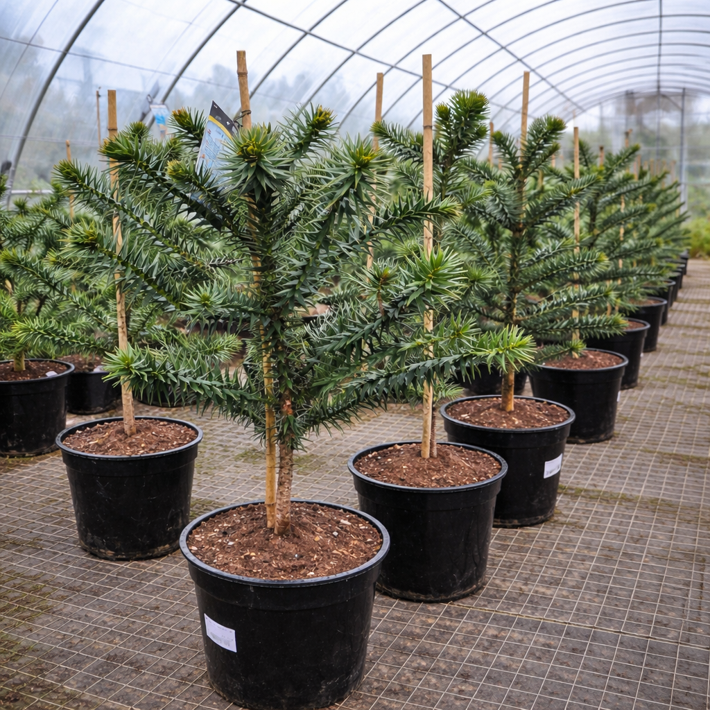 อารูคาเรีย อารูคานา ต้นไม้ใบเขียวสวย อายุยังเล็ก ใบเขียวเข้มแหลมคมในกระถางเพาะชำสีดำ