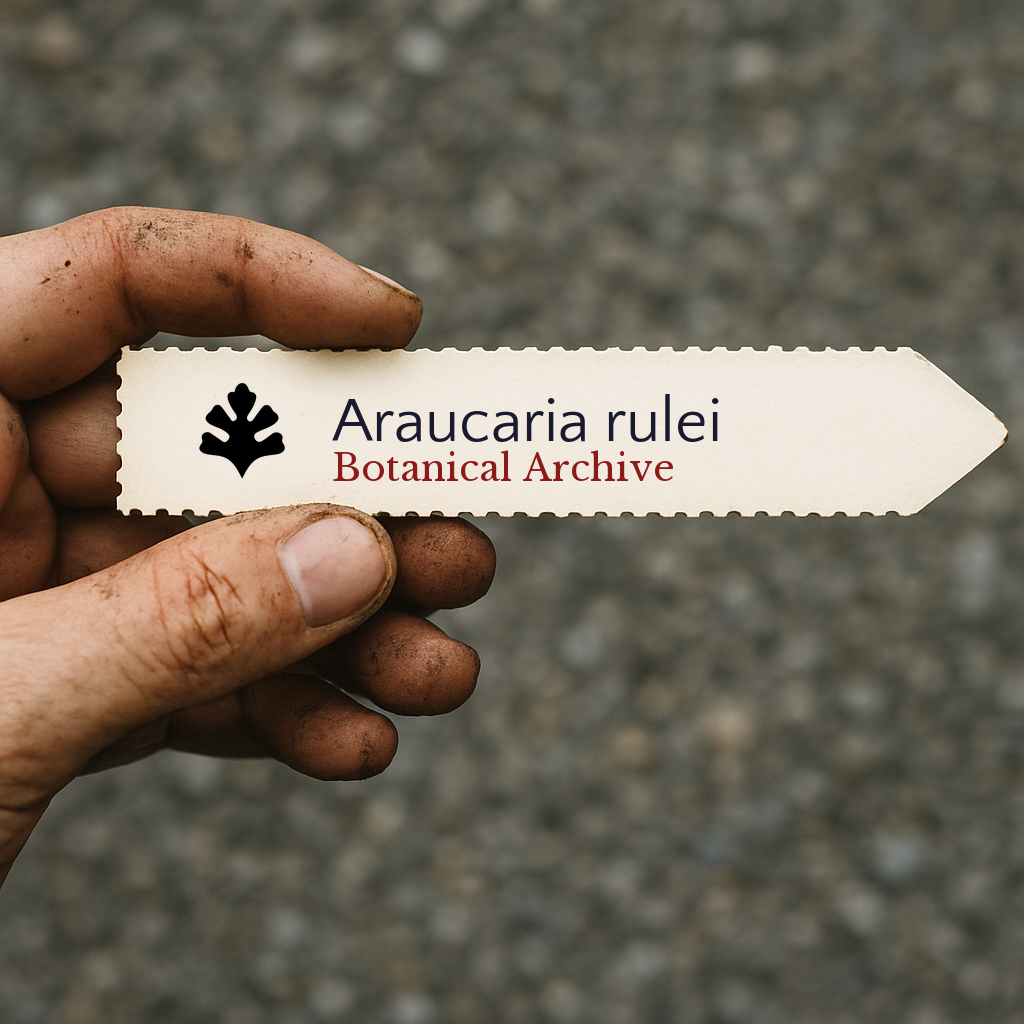Étiquette de plante imprimée pour Araucaria rulei avec le logo Botanical Archive tenue par une main sale