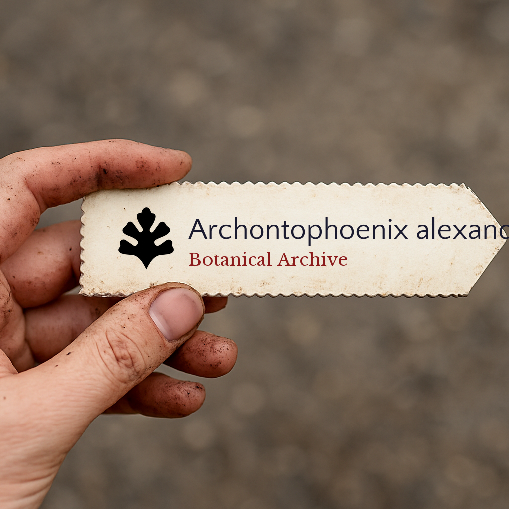 Bedrucktes Pflanzenetikett für Archontophoenix alexandrae, gehalten von schmutziger Hand im Freien