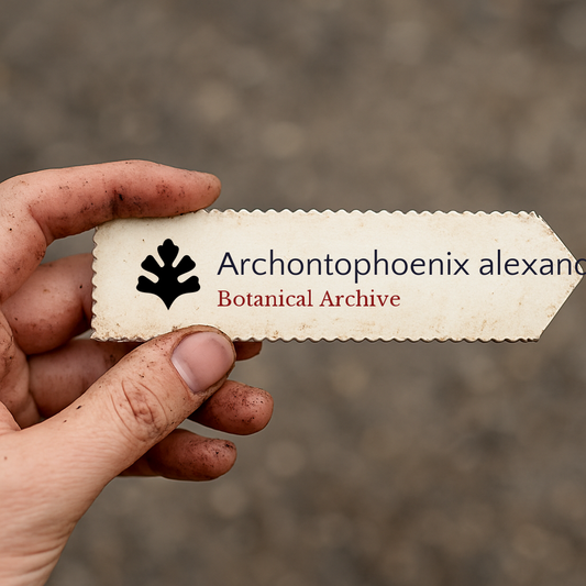 Étiquette végétale imprimée pour Archontophoenix alexandrae tenue par une main sale en extérieur