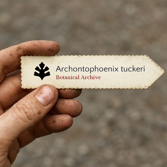 Étiquette imprimée pour plante Archontophoenix tuckeri tenue par une main sale en extérieur