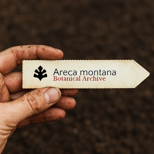 Étiquette végétale imprimée pour Areca montana Botanical Archive tenue en main avec fond de terre
