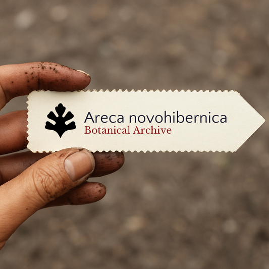 Étiquette de plante imprimée pour Areca novohibernica Botanical Archive tenue par une main sale en extérieur