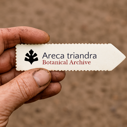 Étiquette de plante imprimée pour Areca triandra Botanical Archive tenue à la main avec un fond de terre