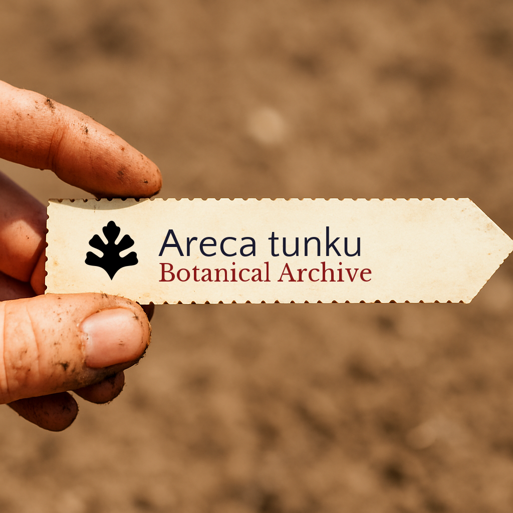 Etiqueta de planta impresa para Areca tunku Botanical Archive sostenida a mano con fondo de tierra