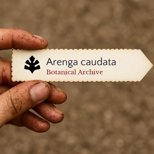 Étiquette de plante imprimée pour Arenga caudata tenue par une main sale sur fond de terre