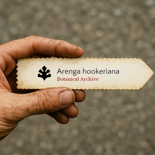 Étiquette de plante imprimée pour Arenga hookeriana tenue par une main sale en extérieur