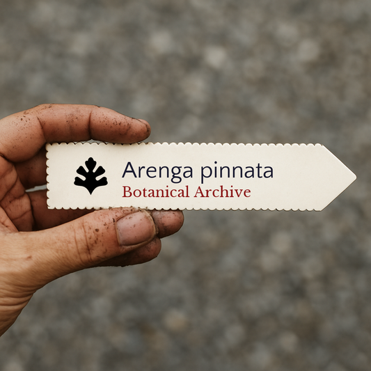 Étiquette de plante imprimée pour Arenga pinnata avec le logo Botanical Archive tenue à la main